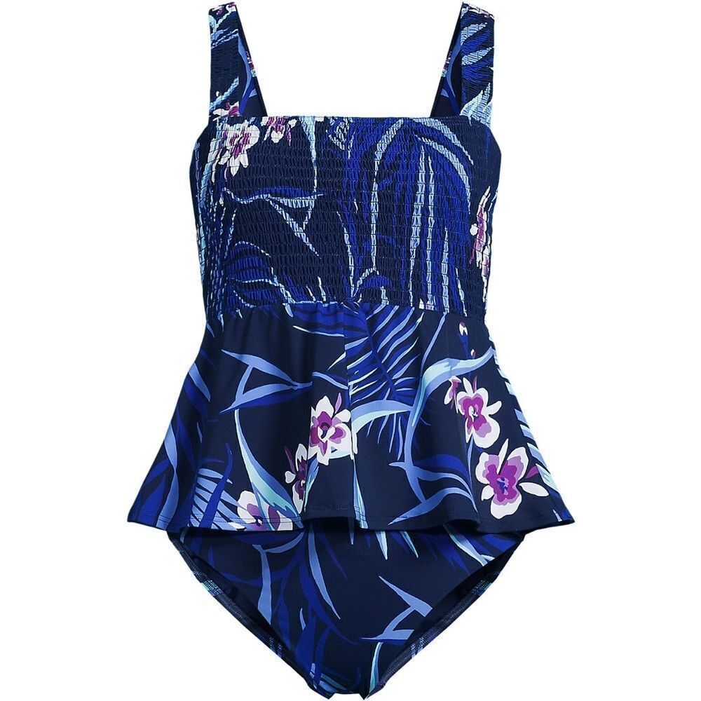 Land's End 2 Piece square neck and high bottoms deep sea navy tropical floral 3X